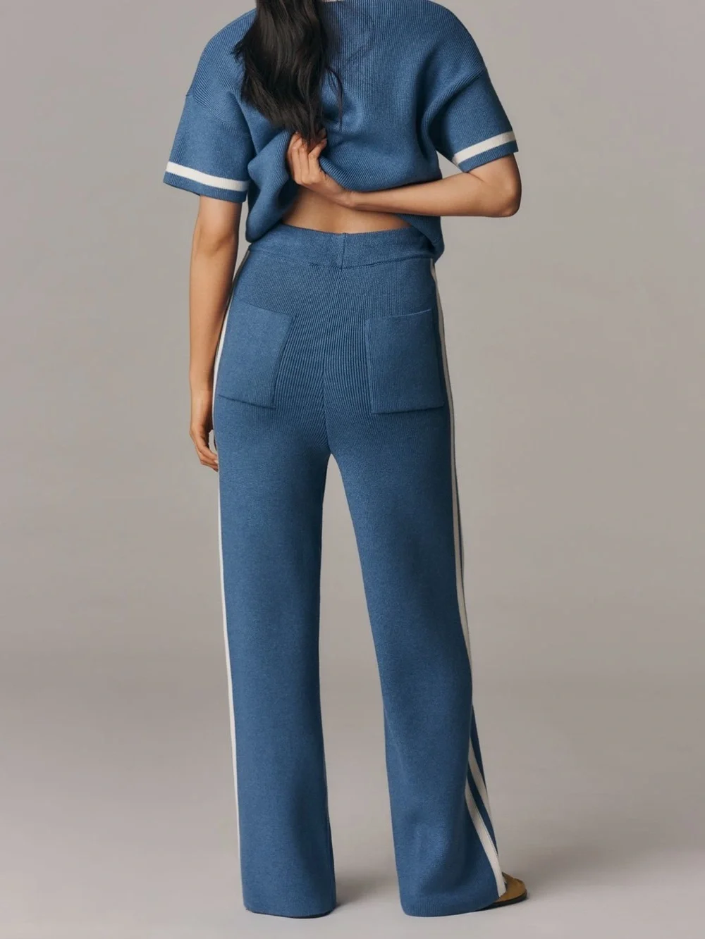 Maeve Wide-Leg Knit Pants with Side Stripes - Blue sz M NEW